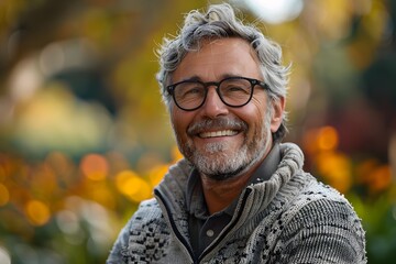 Cheerful Mature Man in Casual Sweater Outdoor Garden Portrait