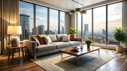 A Modern, Well-Lit Apartment Interior With A Couch, Coffee Table, And Window Overlooking The City.