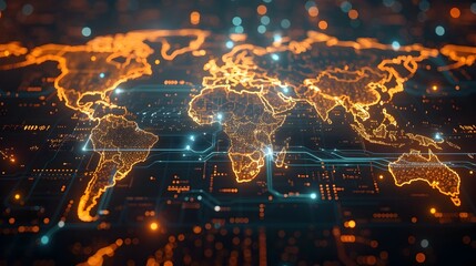 Fototapeta premium Cybersecurity Threats World Map Digital Interface with Glowing Lines Indicating Data Breaches and Attacks