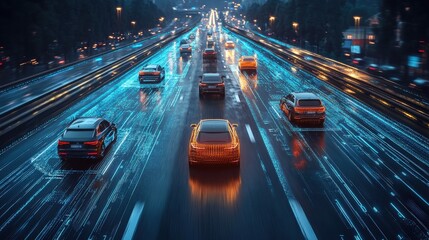 A sleek highway drive, with digital waves surrounding vehicles, representing state-of-the-art auto safety technology and the future of transportation.