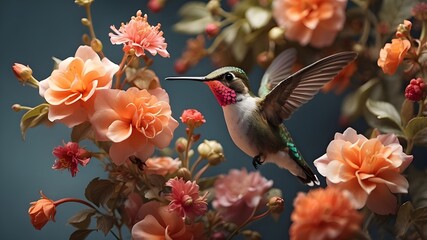 A tiny hummingbird hovering near a cluster of flowers.