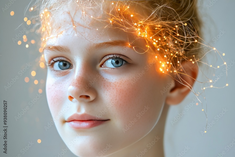 Poster child with glowing neural patterns on face representing the innocence of youth cognitive development