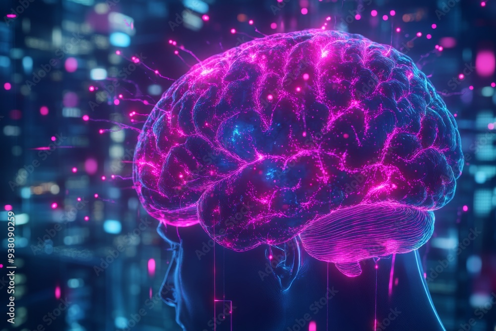 Poster glowing pink brain in a futuristic digital environment illustrating the dynamic nature of thought co