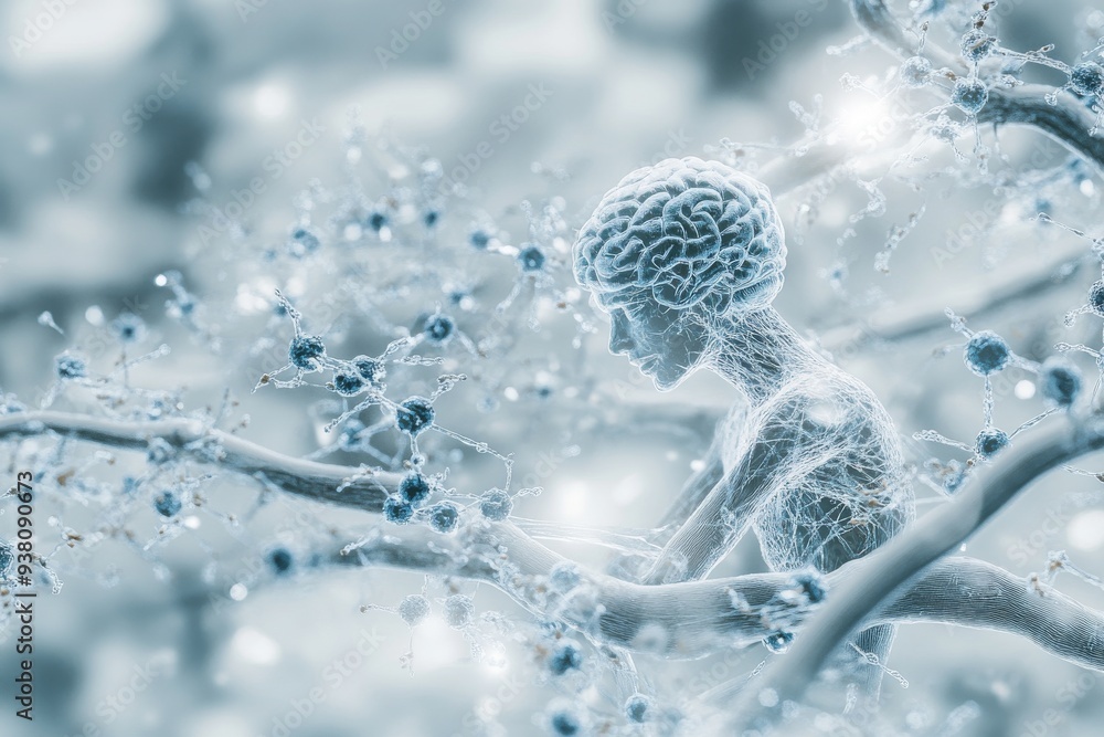 Poster confident woman with glowing neural network overlay representing modern intelligence cognitive power