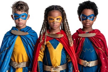 Obraz premium Three Confident Children in Superhero Attire Transparent Background