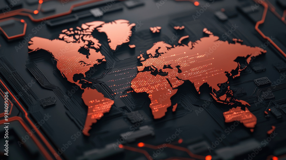 Poster global network, an intricate circuit board design featuring a world map illuminated in vibrant orang