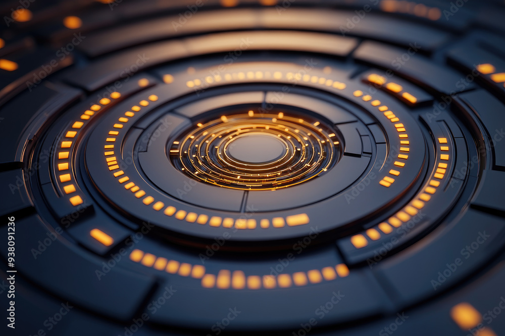 Poster futuristic circular interface, a sleek design of concentric circles illuminated by warm orange light
