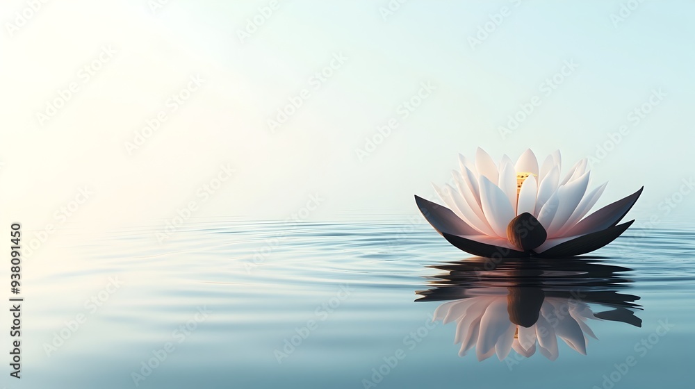 Poster serene lotus flower floating on calm pond water with peaceful reflection and ample copy space for te