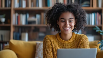 portrait of happy schoolgirl studing at home with laptop