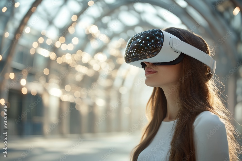Aufkleber woman exploring a futuristic glass structure in vr symbolizing the union of architecture technology 