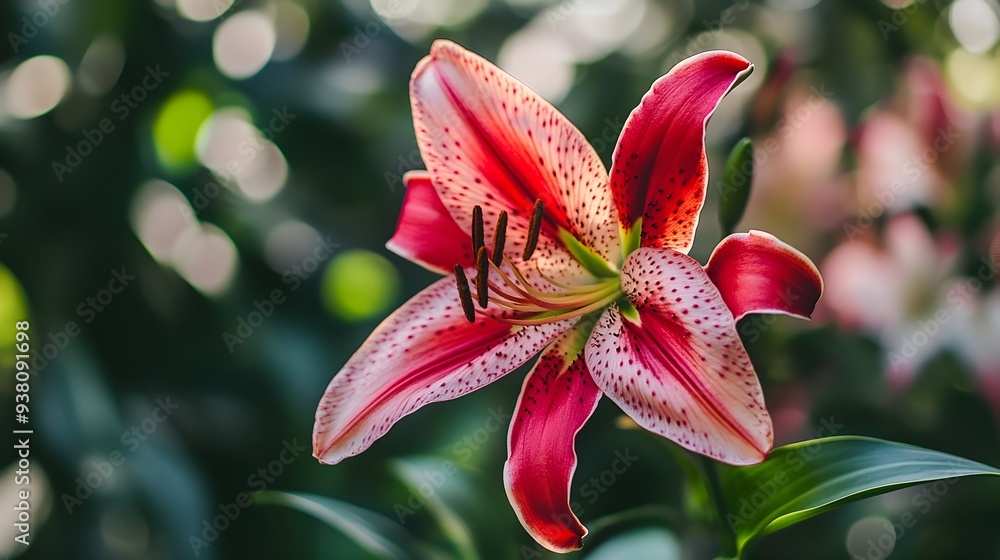 Poster close up of a beautiful white lily flower in full bloom set against a serene garden landscape with a