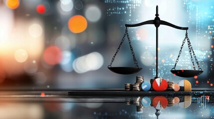 Justice and Business Concept with Scales Coins and Charts