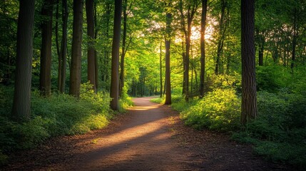 Fototapeta premium Sunny Walking Path Through Lush Green Forest During Golden Hour