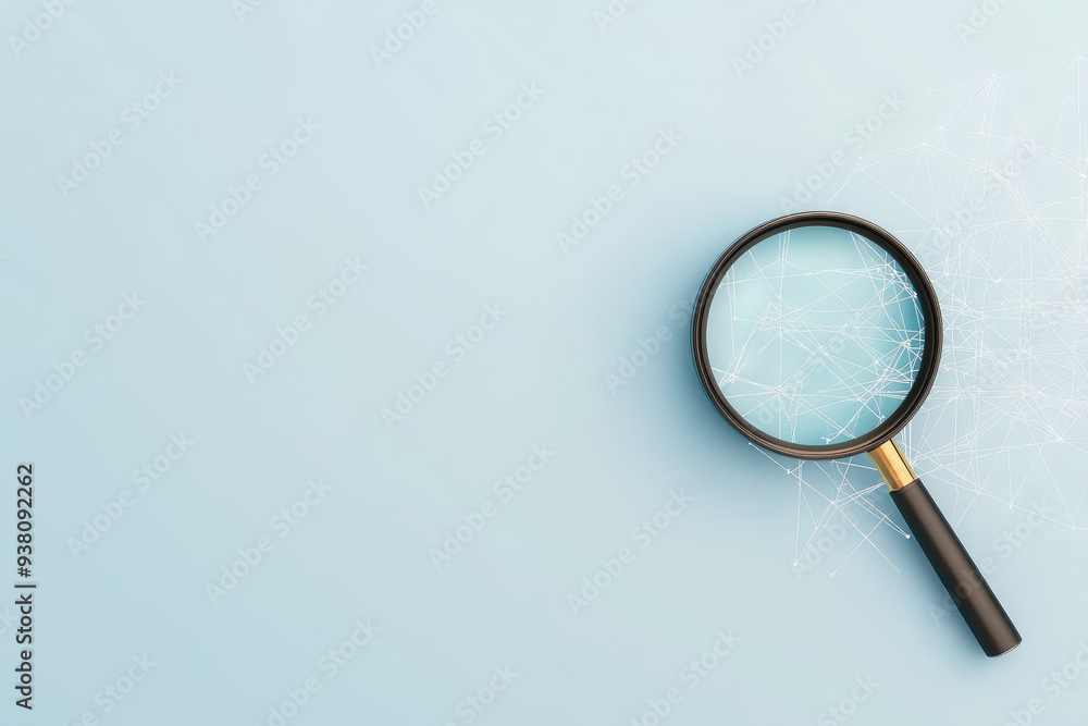 Poster magnifying glass on a light blue background, visually representing scrutiny and exploration, highlig