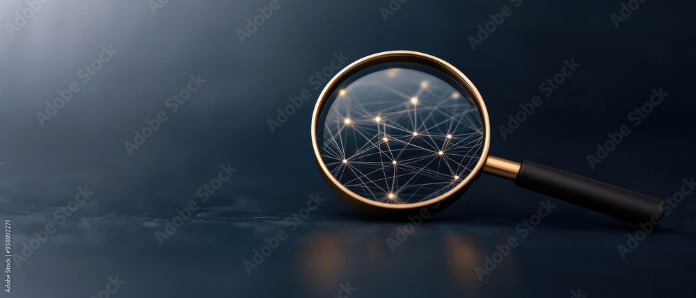 Poster magnifying glass revealing interconnected data networks, symbolizing exploration and analysis in tec