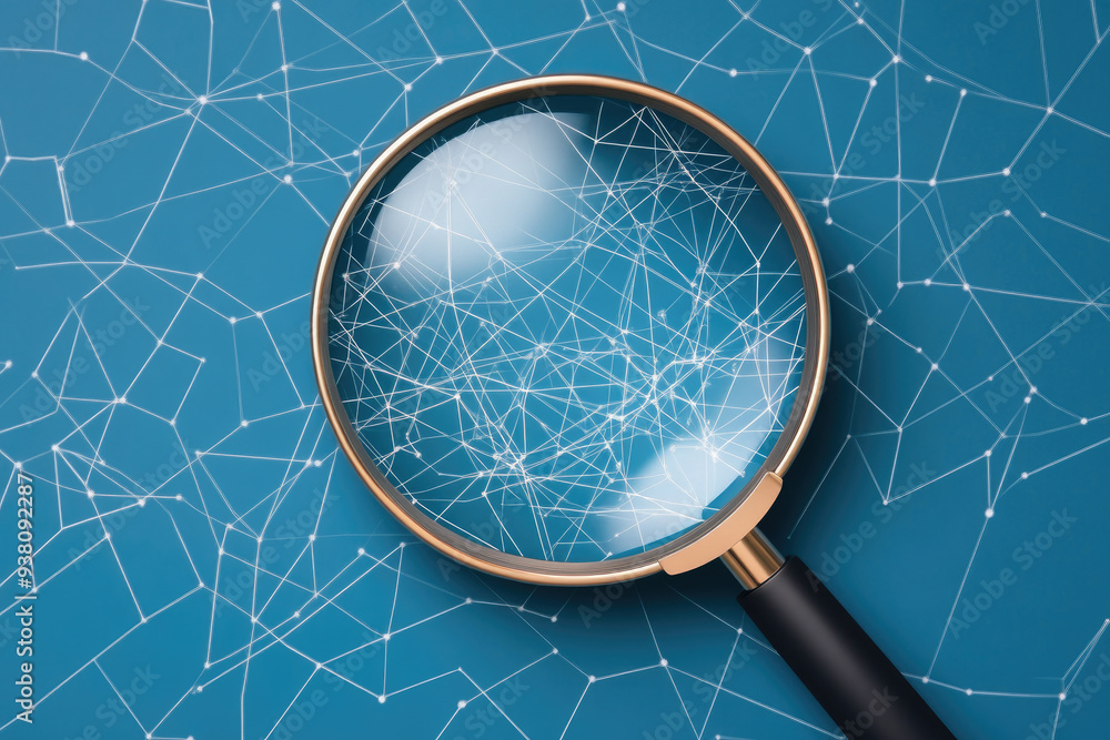 Poster magnifying glass over a network of interconnected lines and dots on a blue background, symbolizing e