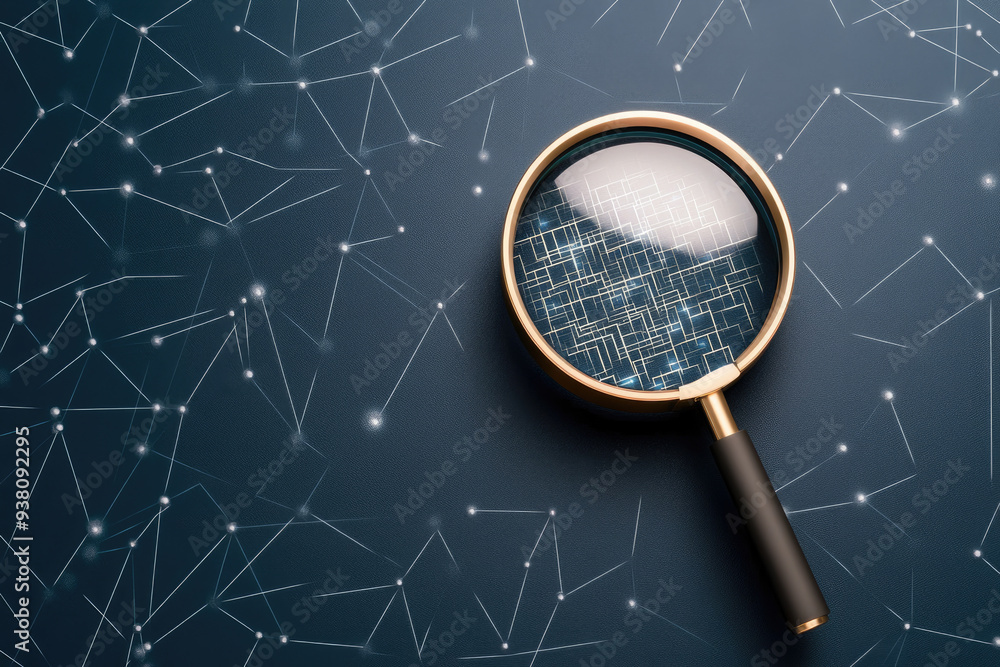 Poster magnifying glass on networked data, a luxurious magnifying glass rests atop a dark surface marked wi