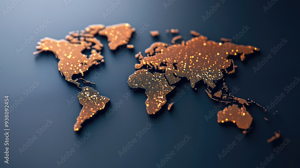 Poster digital world map, an illuminated representation of continents formed by glowing dots, symbolizing g