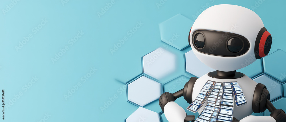 Poster friendly robot companion with a sleek design and data display, set against a light blue background w