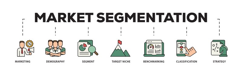 Market segmentation icon infographic illustration concept with icon of marketing, demography, segment, target niche, benchmarking, classification, strategy icon png and easy to edit 