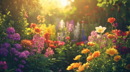 Obraz premium Colorful summer flowers in full bloom, lush garden with vibrant petals and green leaves, warm sunlight filtering through the trees, peaceful nature scene