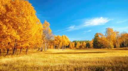 Fototapeta premium Golden autumn landscape with colorful trees and a clear blue sky, seasonal beauty and nature retreat, scenic view
