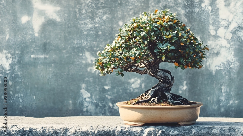 Poster captivating bonsai tree displayed in serene outdoor setting with ample space for text or design over