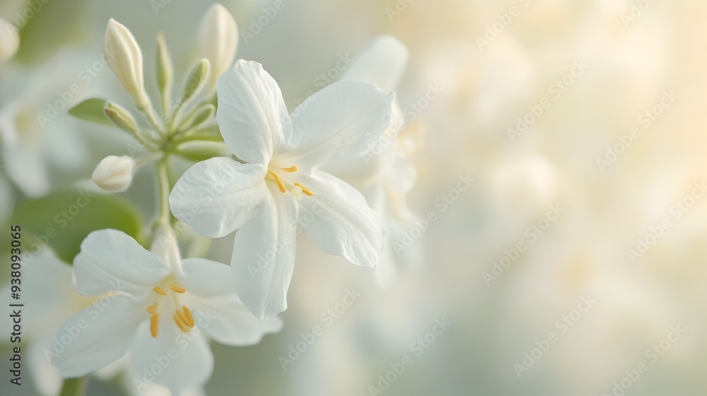 Poster close up photograph showcasing the intricate and delicate petals of a jasmine flower with ample clea