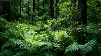 Obraz premium Lush verdant fern plant growing amidst the tranquil foliage of a serene forest setting This image showcases the natural beauty and vibrant greenery of the forest ecosystem
