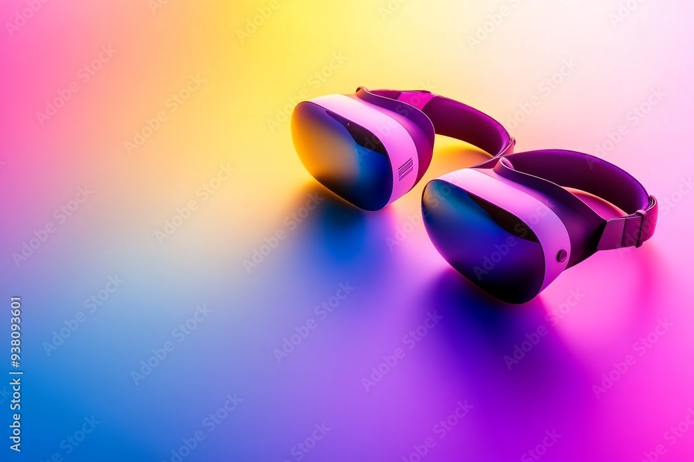 Poster pair of vr headsets on a gradient background representing the cutting edge design and dual experienc