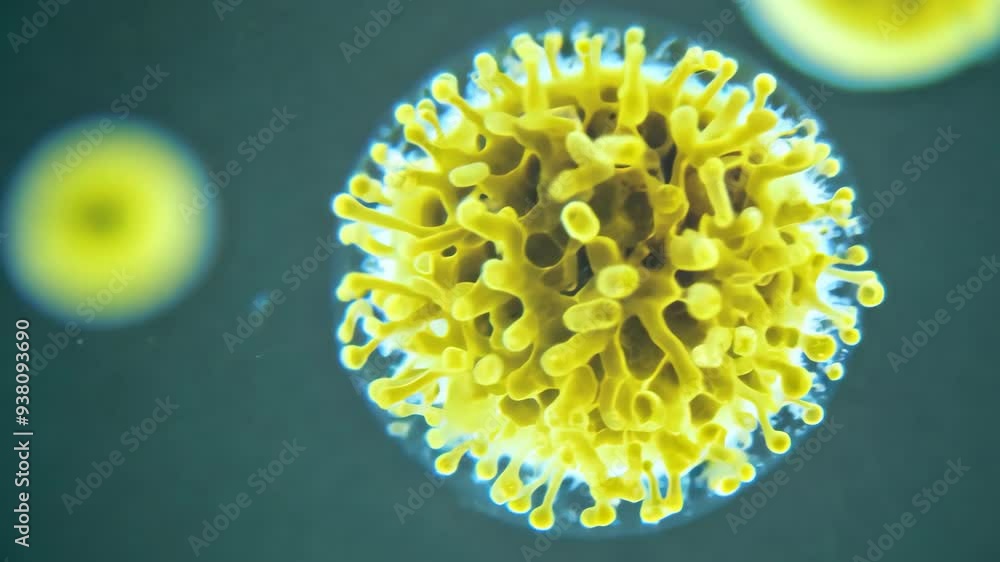 Poster exploring the viral yellow cells under a microscope in a laboratory setting