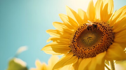 Fototapeta premium Closeup shot of a sunflower with bees pollinating the vibrant yellow petals surrounded by lush greenery in a peaceful natural setting