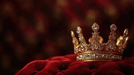Obraz premium Golden crown with jewels on a red velvet cushion, royal symbolism and luxury concept, elegant background