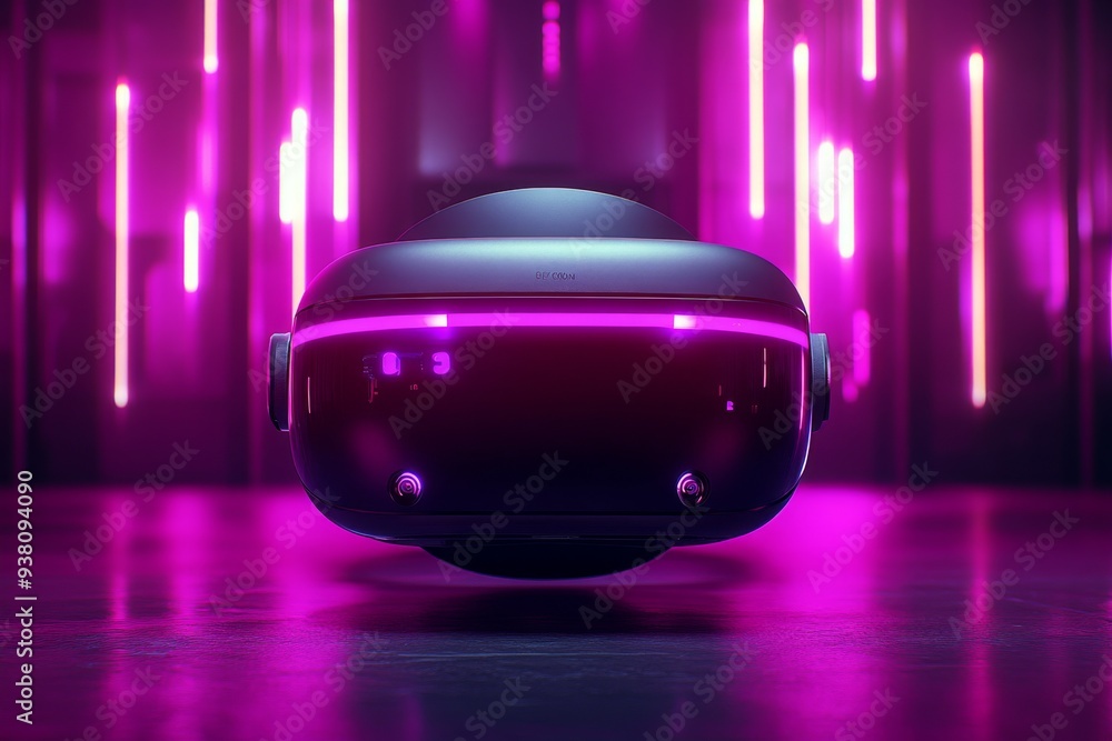 Poster spherical vr device in a neon lit environment highlighting the immersive experience and technologica