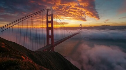 Fototapeta premium Golden gate bridge at sunrise with a foggy backdrop, iconic landmark and travel destination, scenic view