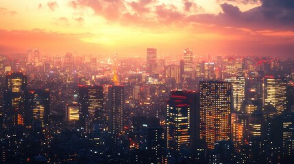 Obraz premium Golden hour in a bustling city skyline, illuminated skyscrapers and urban landscape, twilight view with space for text
