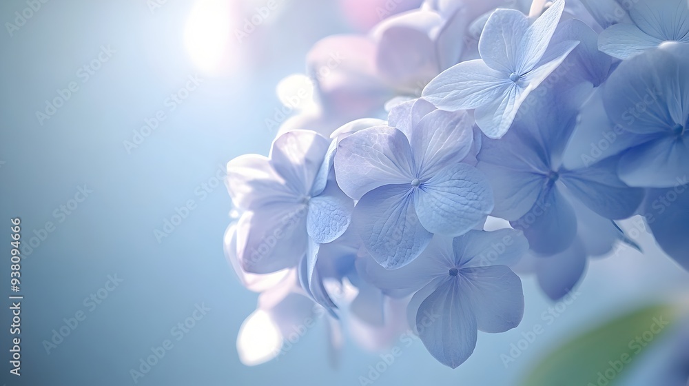 Aufkleber vibrant close up shot of a hydrangea cluster with soft delicate petals in a range of pastel blue and