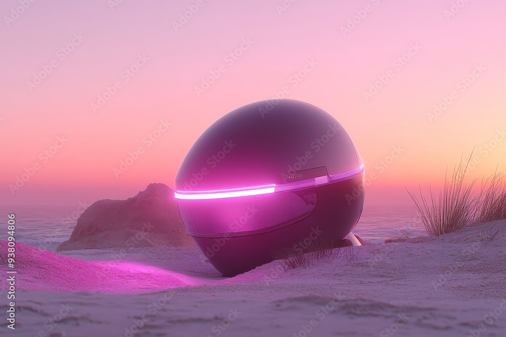 Aufkleber futuristic spherical vr device on a pink desert representing the intersection of technology and natu