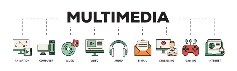 Multimedia icon infographic illustration concept with icon of e mail, video, audio, internet, streaming, gaming, music, computer, animation icon png and easy to edit 