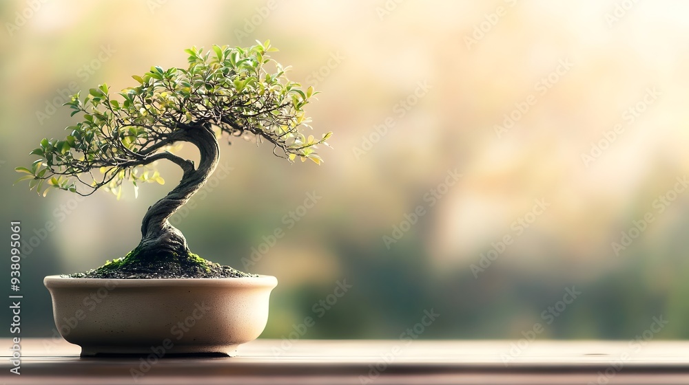 Poster captivating photograph showcasing an intricately shaped bonsai tree potted and displayed its delicat