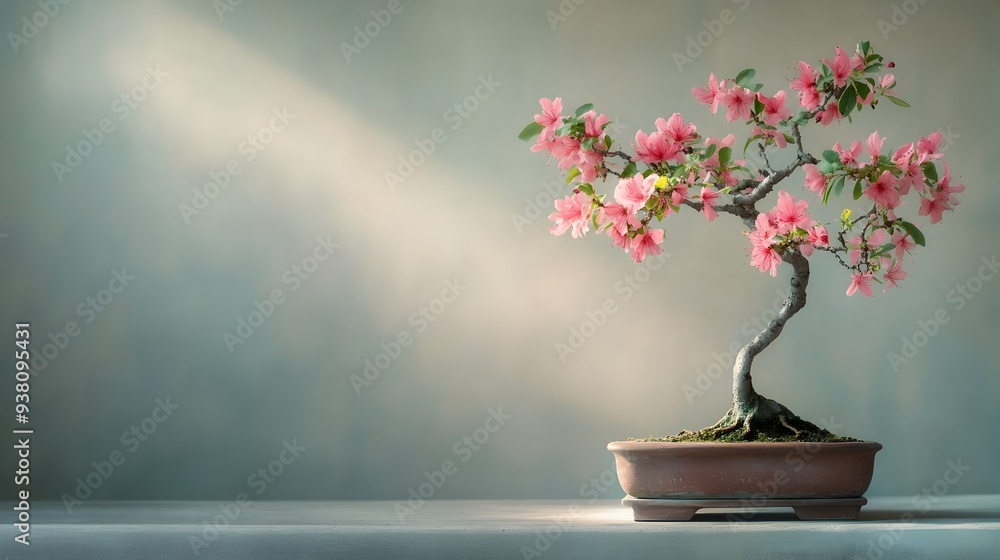 Poster vibrant flowering bonsai tree displayed in serene indoor environment with ample copy space for text 