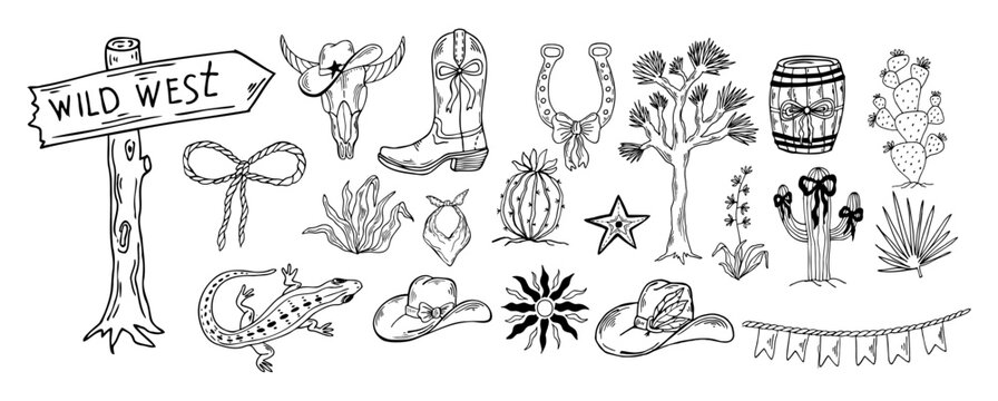 Wild west doodles clipart. Cowgirl western coquette aesthetic. Horseshoe, cactus, cowboy boots and hats with bow. Hand drawn black outline western core vector illustration.