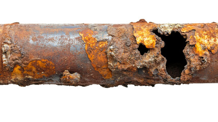 Rusty metal pipe with hole.