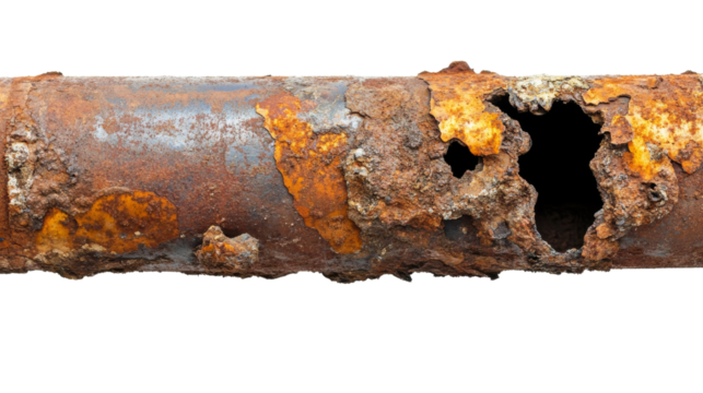 Rusty metal pipe with hole.