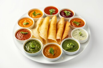 A plate of South Indian dosa with various sauces like sambar, coconut chutney, green chutney, and a tangy yogurt dip.