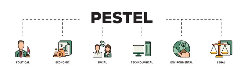 Pestel icon infographic illustration concept with icon of governance, finance, network, automation, ecology, law statement icon png and easy to edit 
