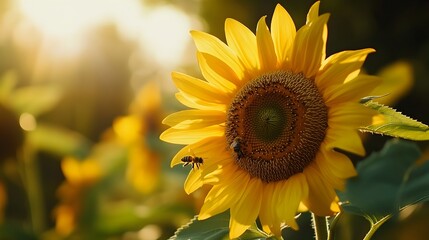 Closeup of a sunflower bloom in a lush field surrounded by several busy bees pollinating the vibrant yellow petals