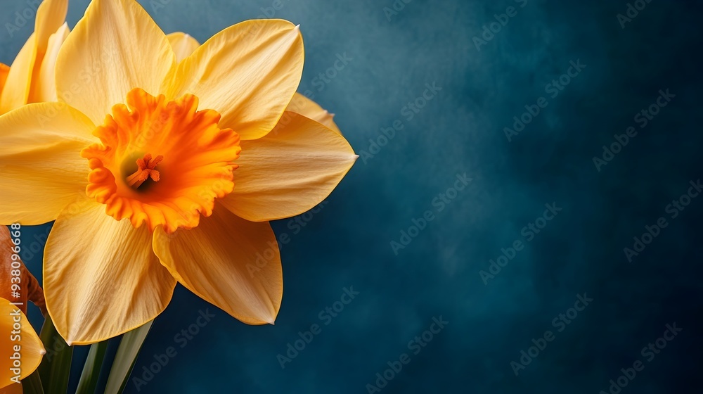 Poster stunning close up photograph of a vibrant yellow daffodil flower in full bloom with ample empty spac