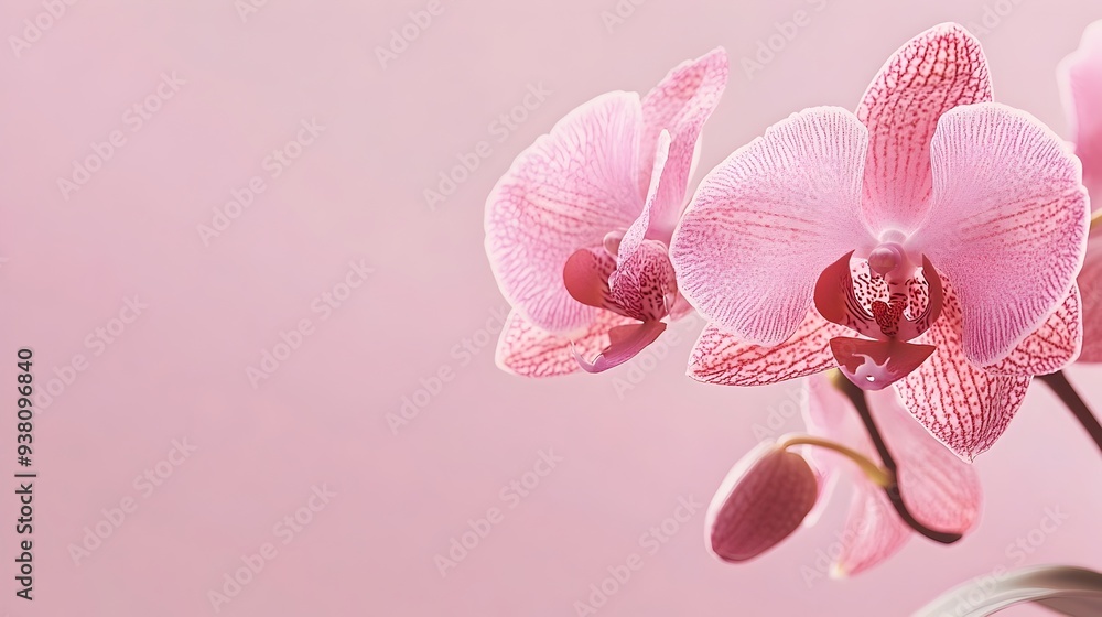 Poster Captivating close up photograph showcasing the intricate and delicate patterns of a vibrant orchid bloom set against a soft textural background creating a serene and elegant botanical composition