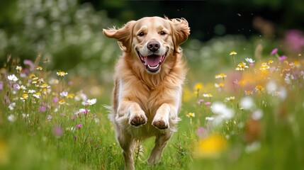 Golden retriever running through a field of wildflowers, joyful pet and outdoor fun, nature adventure captured with space for text -